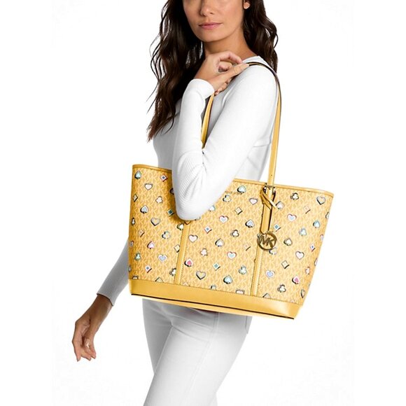 New Michael Kors Jet Set Large Printed Signature Logo Tote Bag Honey - Picture 1 of 5